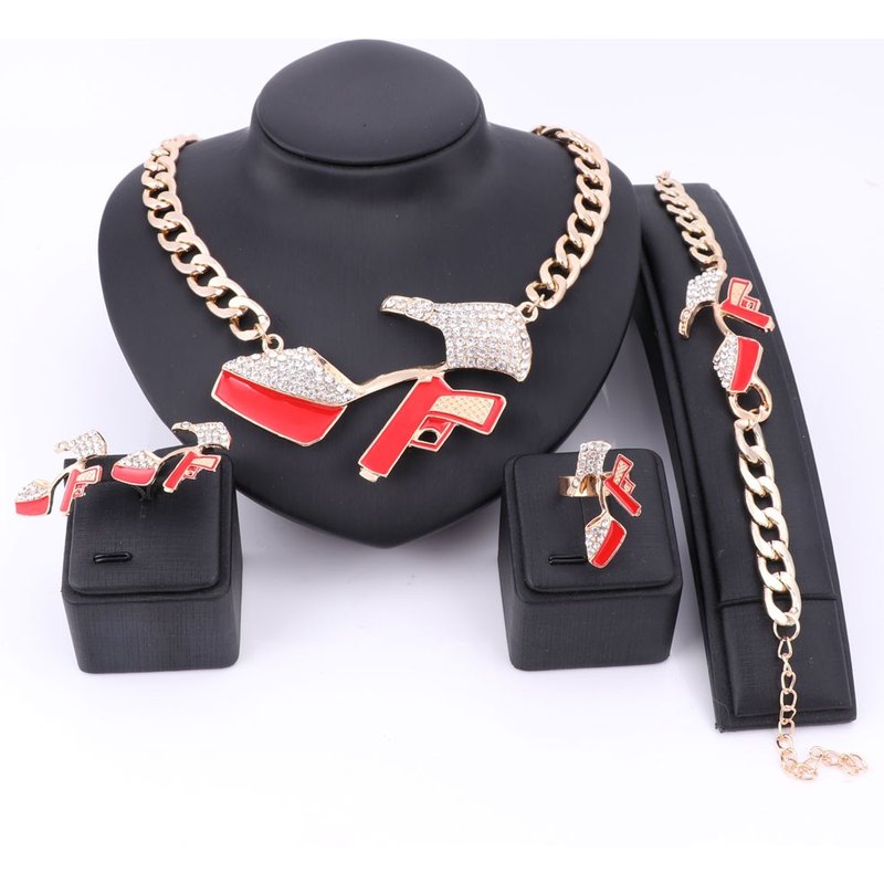 Fashion Hip Hop Red Enamel Crystal Pistol High-heeled Shoes Pendant Party Gift Necklace Bracelet Earring Ring