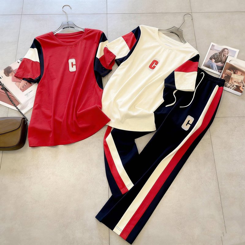 2026 Color-blocked Casual Sports T-shirt And Shorts SetFor Women 20236Summer New Slim Letter T Shirt Top Pants Casual Suit For Women