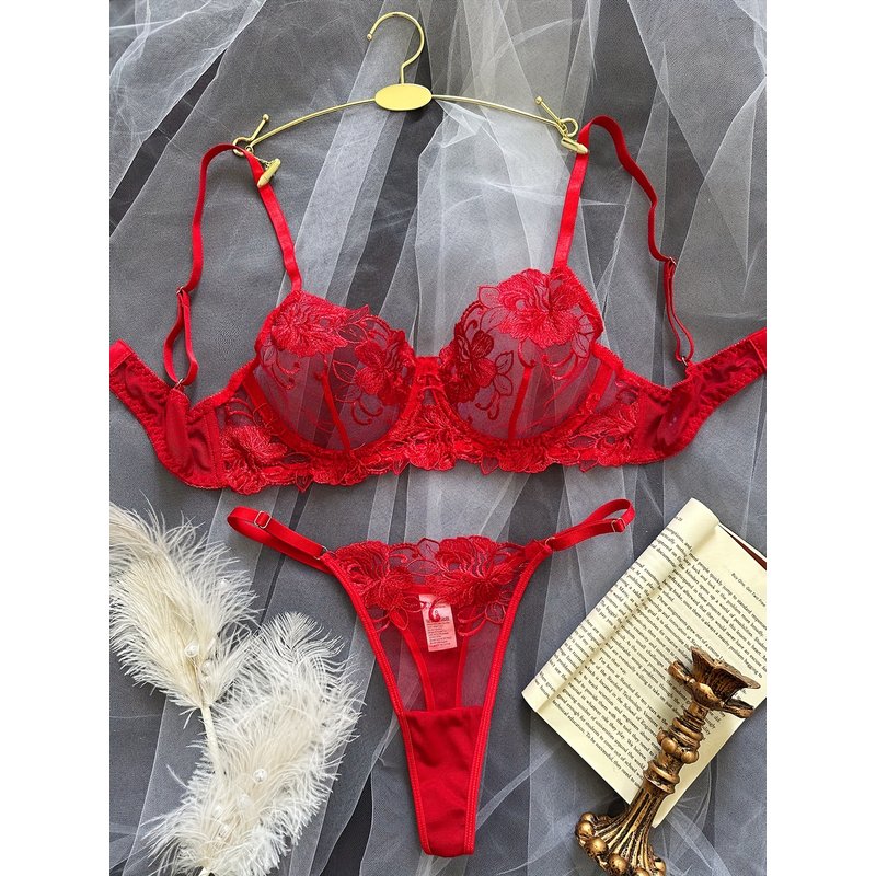 Women's clothing flower mesh embroidery gathered perspective sexy thong sexy suit