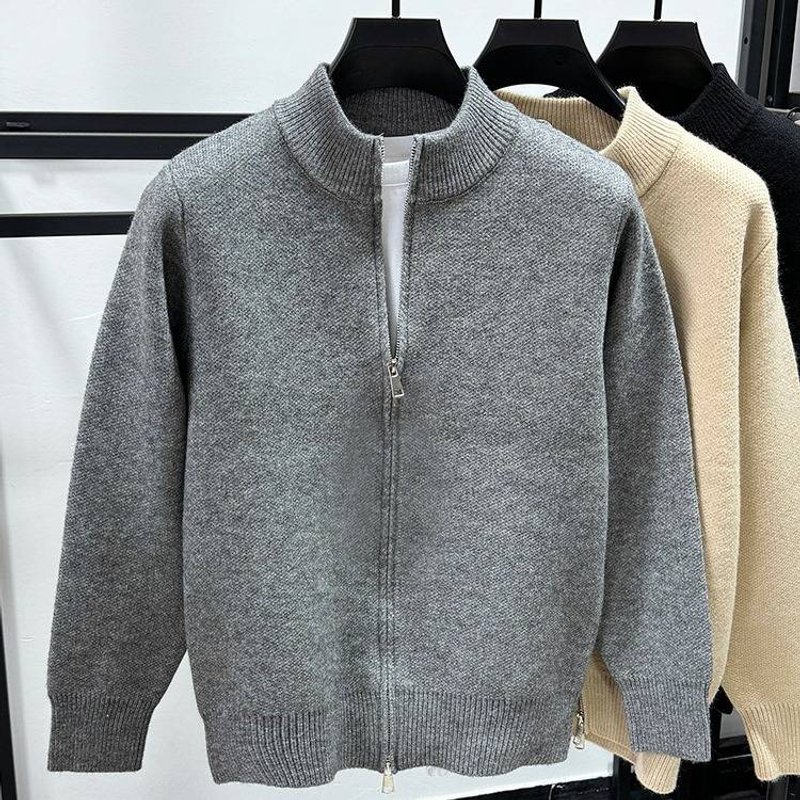 Men's Solid Color Knit Cardigan With Thick Fleece Lining, Winter Warm Zip-Up Stand Collar Sweater, Casual Pullover For Outdoor & Daily Wear