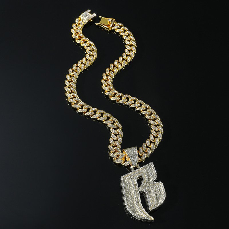 Hip hop style full diamond letter B pendant necklace Men's punk style Cuban chain accessories personalized jewelry