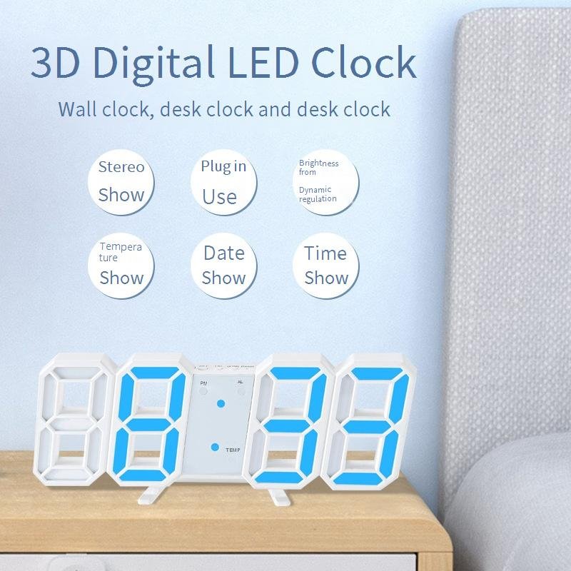 3D Stereo Creative Alarm Clock Smart LED Electronic Clock Bedroom Plastic Wall Mounted Living Room Clock
