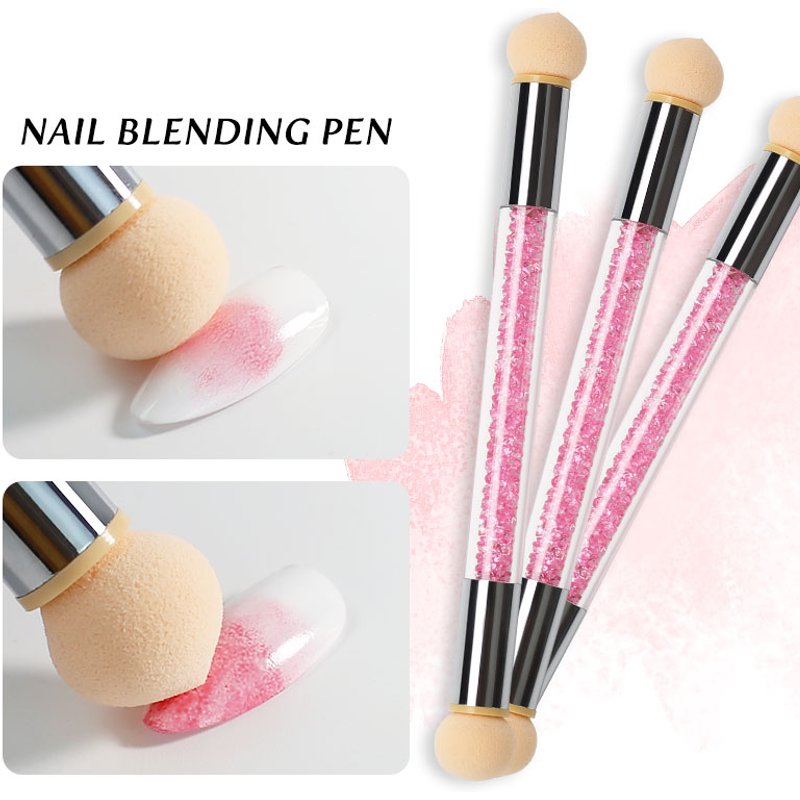 1PC Rhinestone Handle + 6PCS Sponge Head Nails Art Brushes Gradient Shading Pen Dotting Brush Painting Manicure Accessories Tool