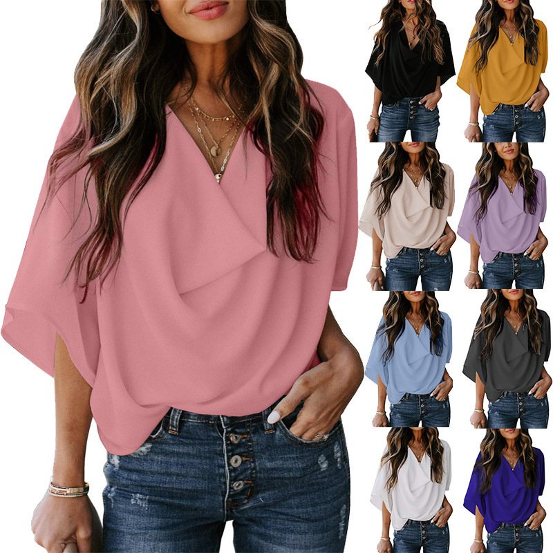 Women's Clothing Chiffon Shirt Loose V-neck Casual Top T-shirt