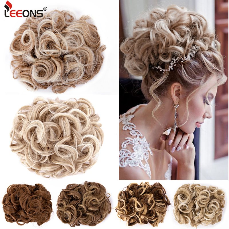 Leeons Synthetic Brown Blonde Curly Chignon Messy Bun Comb Clip In Hair Extension Updos Hairpieces For Women