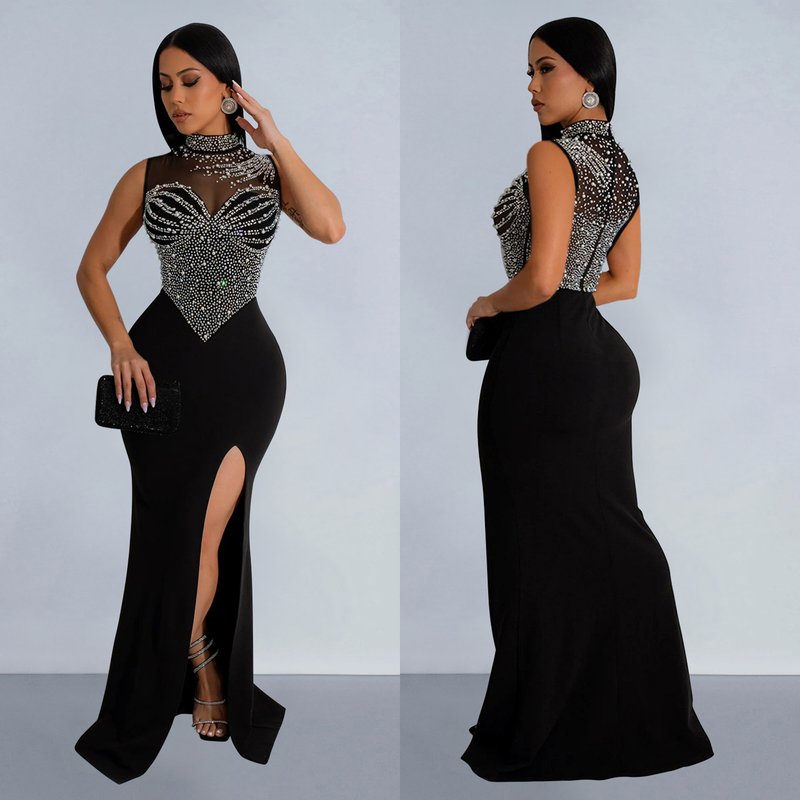 Women's fashion women's clothing solid color mesh hot diamond sleeveless long dress