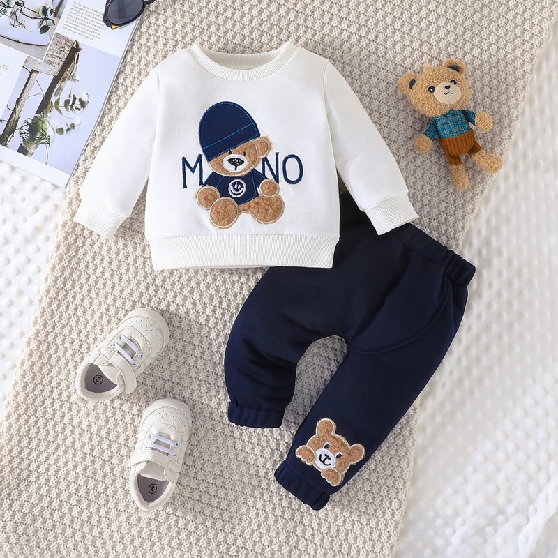 Mother&Kids Children's cartoon letter hat bear embroidered hoodie trousers two-piece set