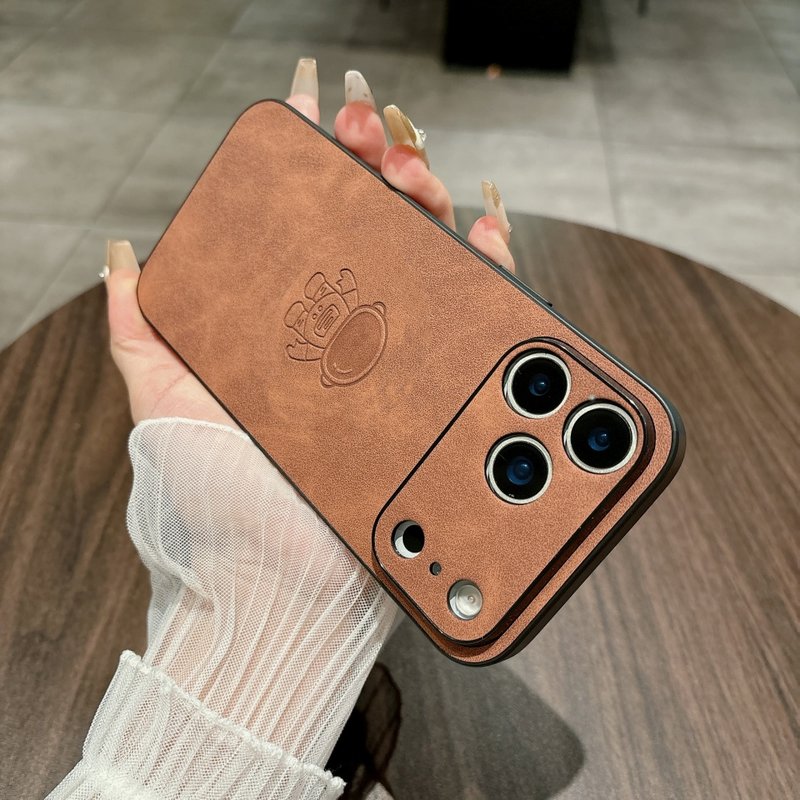 Business Lambskin Leather Astronaut Pattern Case For Iphone 17 Air 16 15 14 13 12 11 Pro Max Plus 16E Se4 Retro