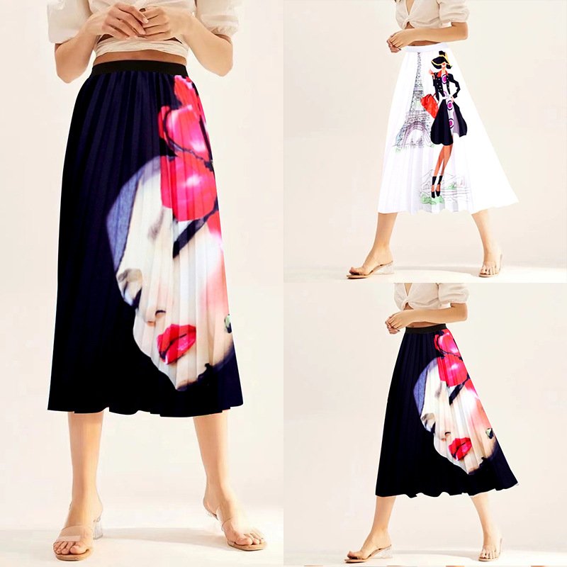 Summer New Fresh And Sweet Girl Head Print Women's Long Skirt Puffy Skirt Half Skirt