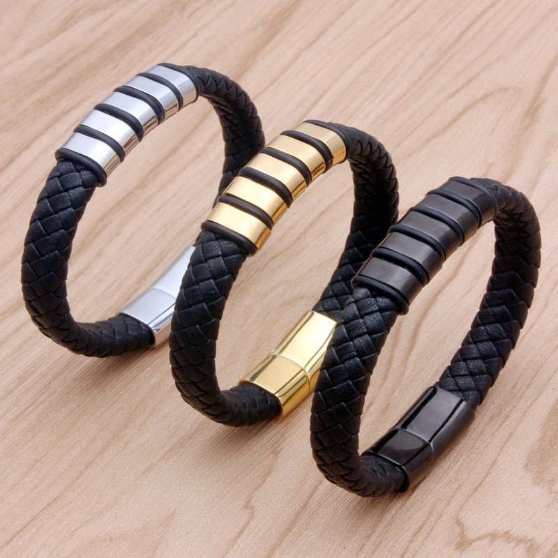 Cross-Border European And American Style Men's Titanium Steel Trendy Woven Leather Bracelet In Stock Wholesale