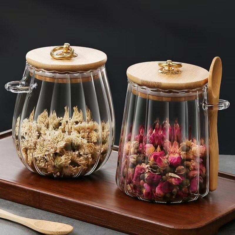 Floral Striped Kitchen Storage Jars With Hanging Spoon - 3-Piece Airtight Canisters For Candy Grains & Dry Food