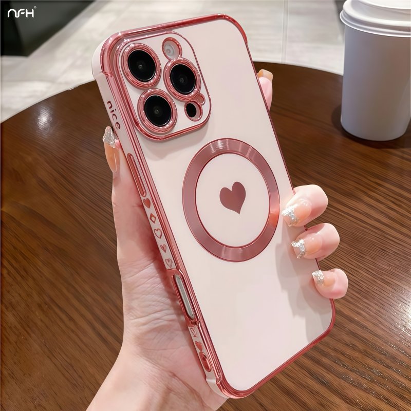 Heart-Shaped Magnetic Plating Pattern Frame Phone Case For Iphone 11 12 13 14 15 16 Plus Pro Max Cover