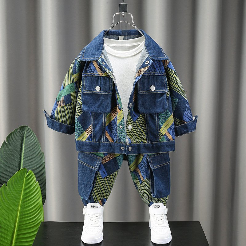 and Autumn Fashionable 2023 New Spring Wear Boys Korean Fashion Casual Cowboy Print Two Piece Set Trendy