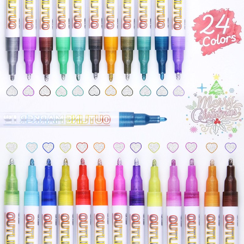 Double Line Outline Pen Fantasy Metal 24 Color Christmas DIY Handbook Greeting Card Handwritten Newspaper Special Gel Marker Pen