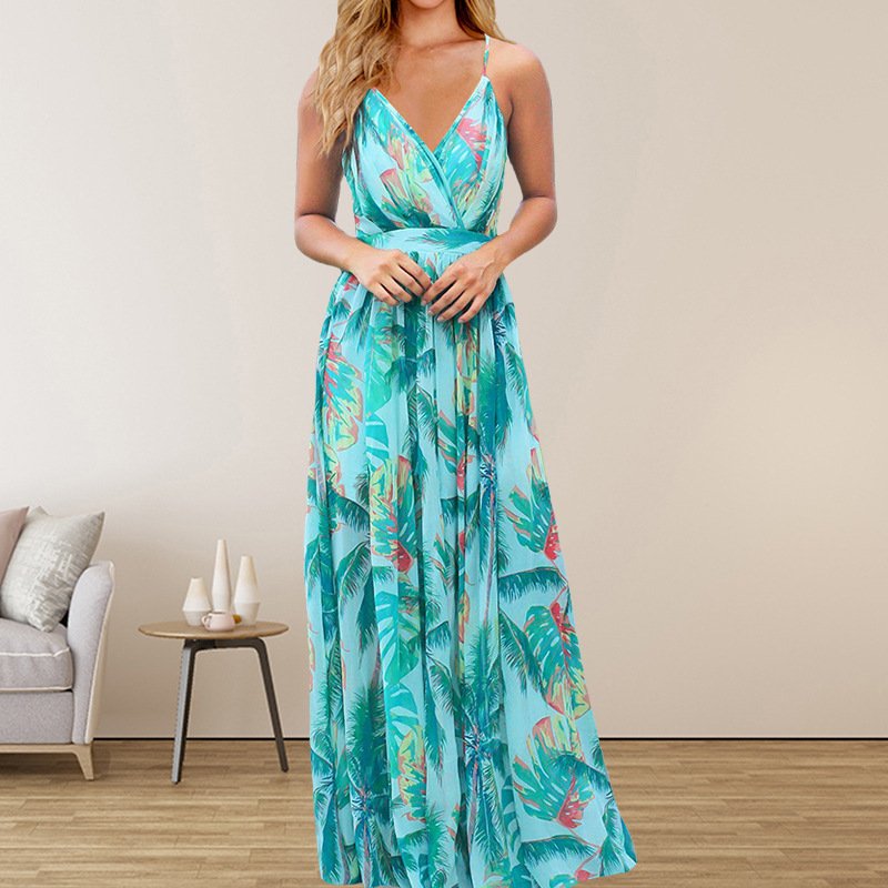Women's Clothing Bohemian Floral Print Chiffon Maxi Dress - Strappy Mid-Waist Summer Dress For Women Elegant & Stylish Casual/Boho Chic Outfit