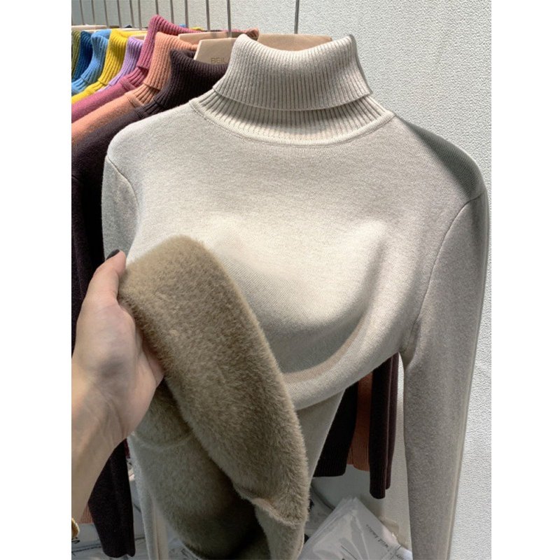Women's Clothing Plush and thickened turtleneck sweater autumn and winter inner wear one piece fleece bottoming shirt knitted warm top trend