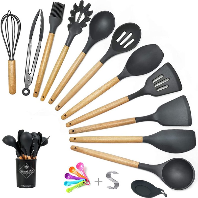 17-Piece Silicone Kitchen Utensil Set With Wooden Handles - Non-Slip, Heat-Resistant Cooking Tools In Storage Holder (BPA-Free, Dishwasher Safe)