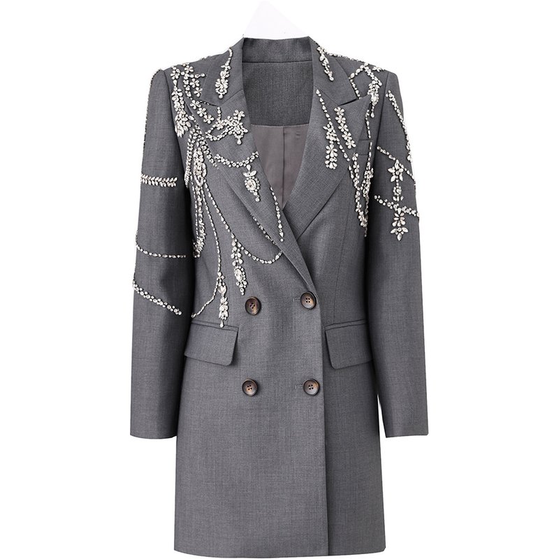 Women's Clothing Super heavy studded beaded suit dress Grey temperament dress skirt