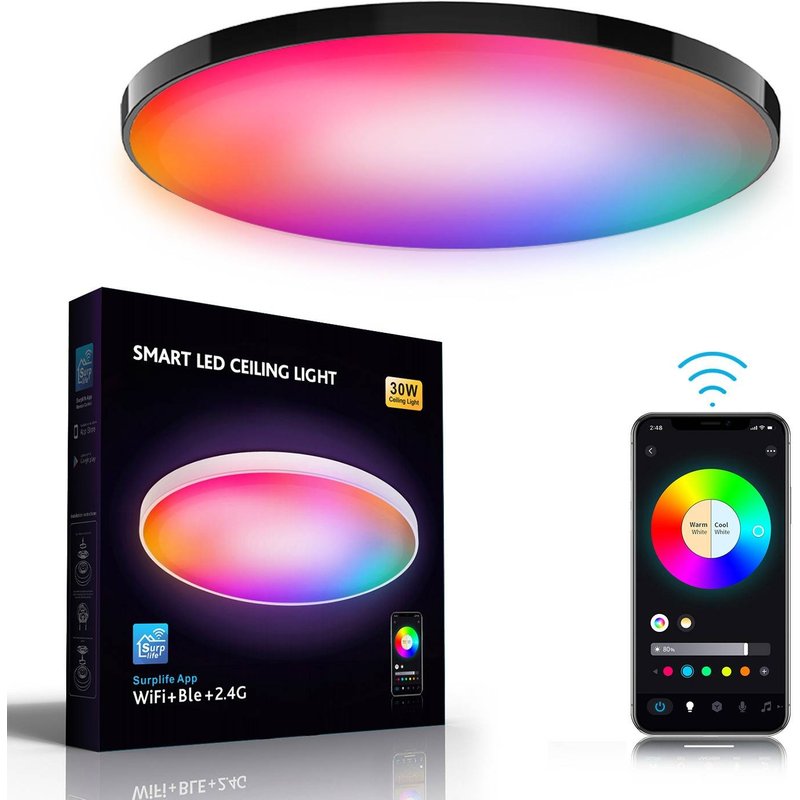 Light Bulbs Smart Wifi Bluetooth Remote Control Dimming Color Voice Modern Ultra Thin Simple Black Frame Three Proof Ceiling Lamp