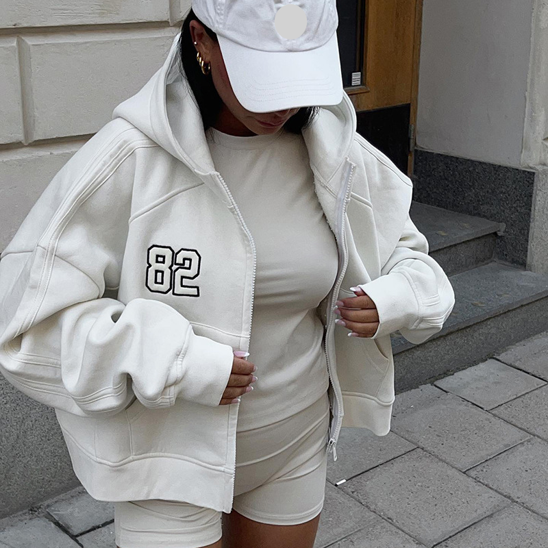 Women's Clothing street style embroidered hooded solid color sweatshirt women's loose pocket zipper cardigan jacket trendy