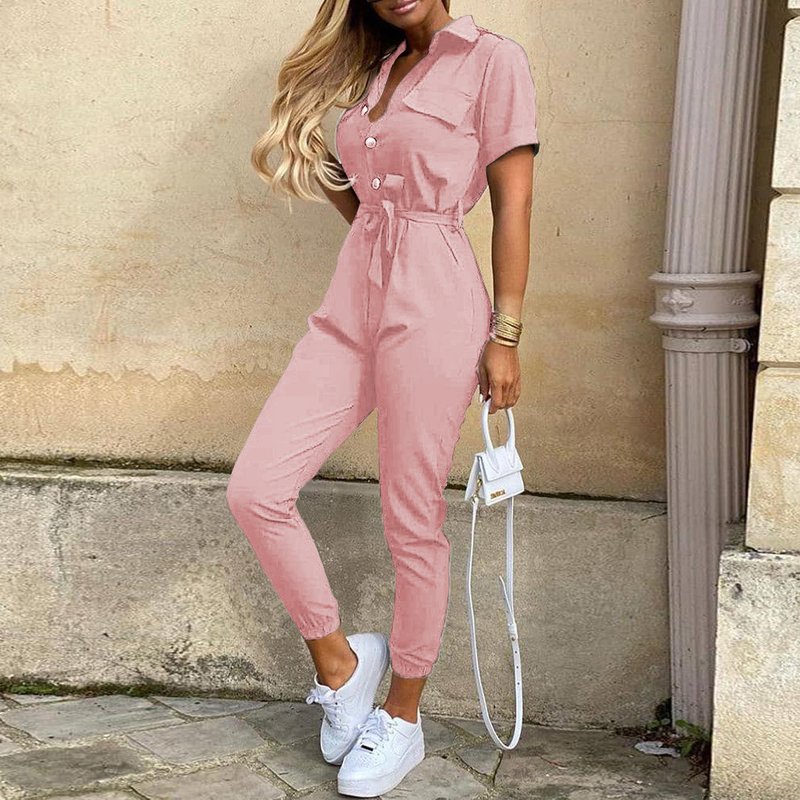 Women's Casual Lapel Printed Belt Cargo Jumpsuit