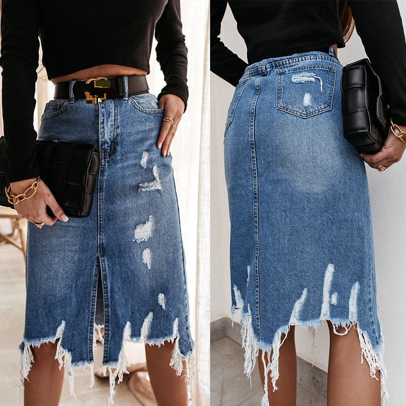 Women's Casual Style Washed Irregular Ripped Fringe Denim Mid-skirt