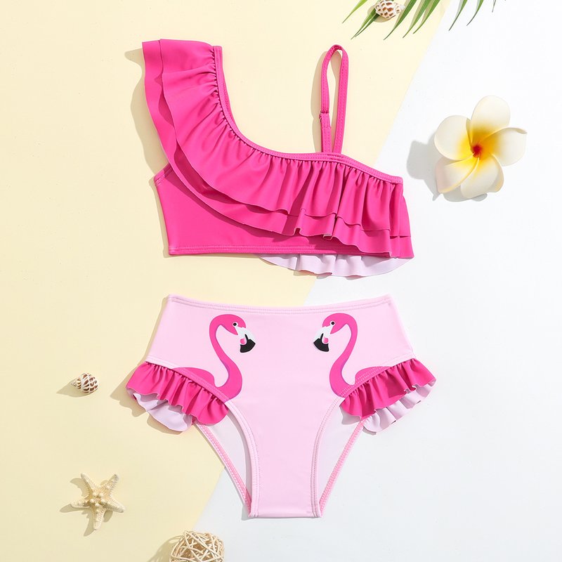 Mother & Kids Children's Swimsuit Bikini One Shoulder Ruffled Flamingo Print Triangle Quick Drying Little Girl Swimsuit