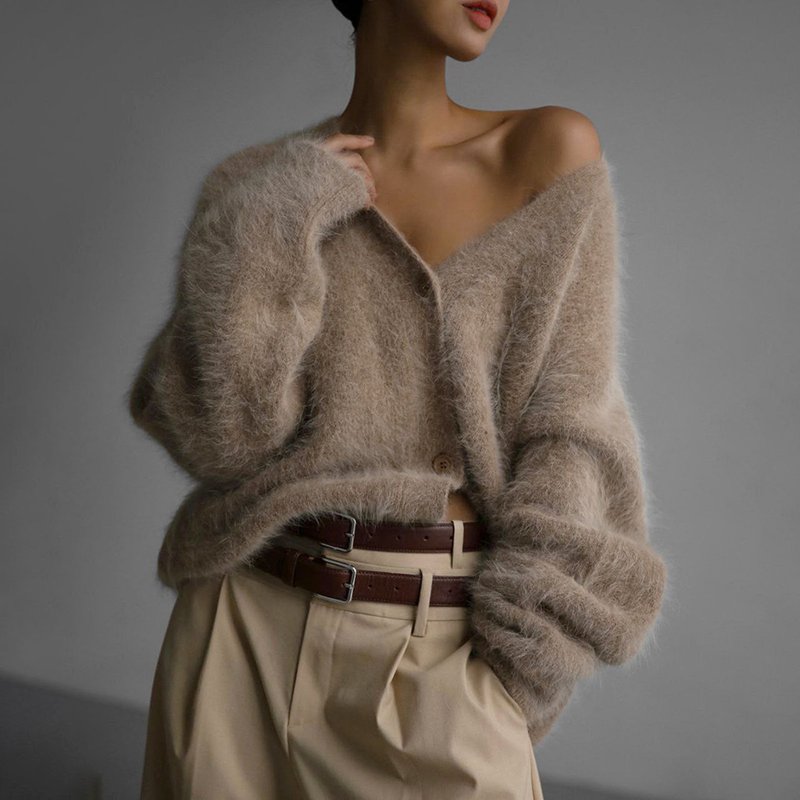 Women's Mink Knitted Sweater Cardigan Lazy Loose Long Sleeve V-neck Sweater Coat