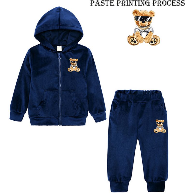 Kids Tracksuit 2025, Boys Girls 2-Piece Velour Lounge Set With Bear Print, Cute Autumn Winter Pajamas