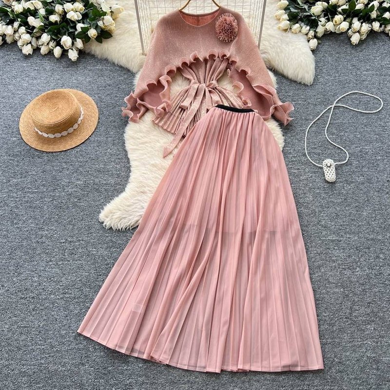 Designer 3D Floral Blouse With Ruffled Hem & High-Waisted Pleated Skirt Set - Elegant Two-Piece Outfit For Work & Events