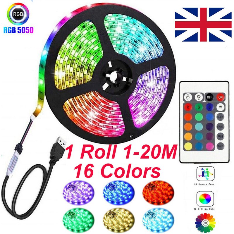 Bande lumineuse LED 5050 RVB à changement de couleur, 1 à 20 m, éclairage pour meuble, cuisine, TV