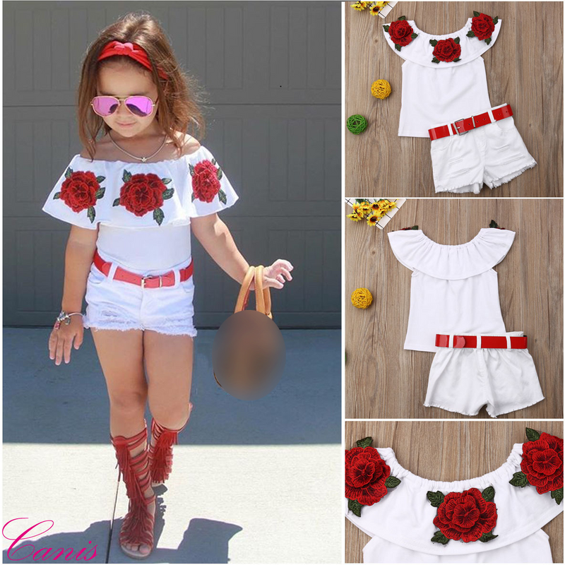 Mother & Kids Children's Clothing Wholesale Girls Summer Short-sleeved Floral Tops T-shirt Denim Shorts Belt Three-piece Set One Piece Drop Shipping