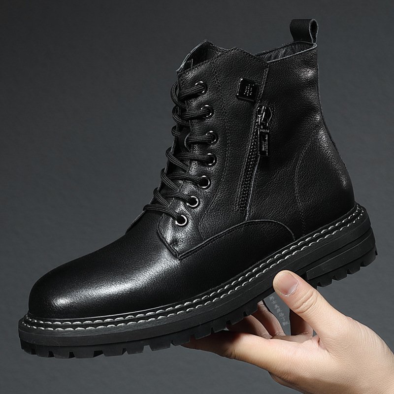 Leather men's boots Autumn and winter cowhide men's work boots with fleece top all match men's high tops