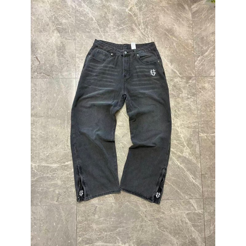 Men's Vintage Washed Denim Jeans, Straight Leg Fit With US Style Embroidery For Men