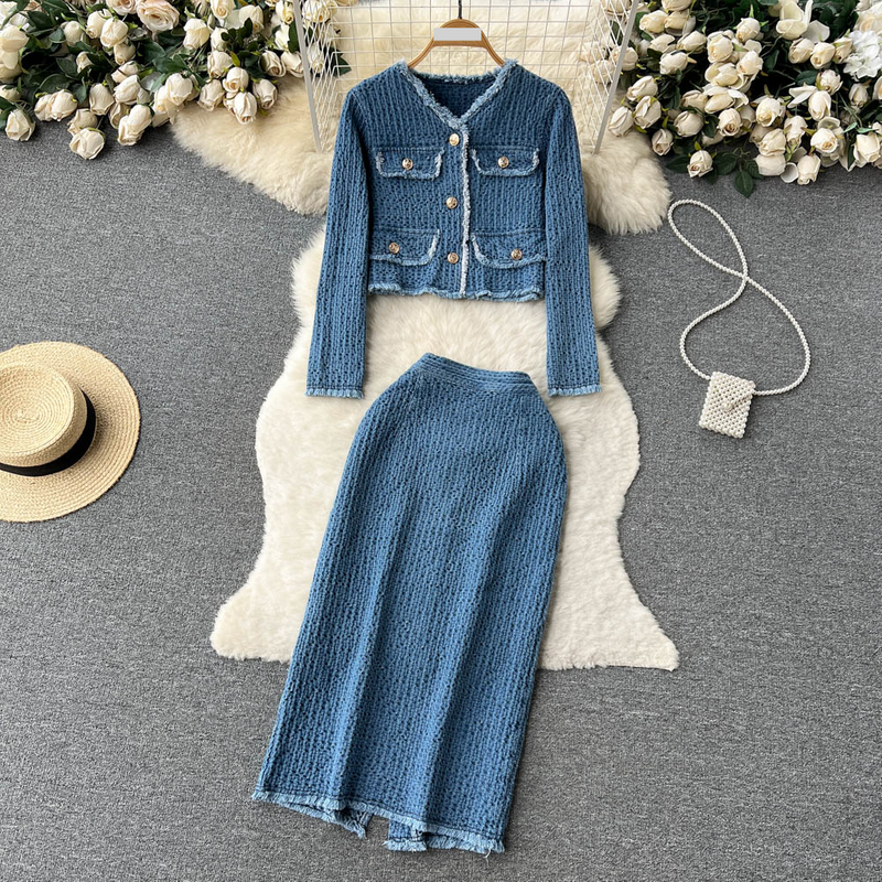 Women's Clothing Spring and autumn celebrity denim suit for women short denim jacket with raw edges + split skirt, two piece suit