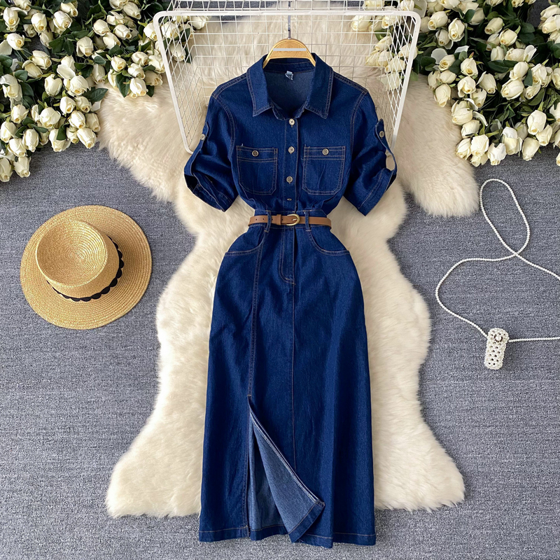 Women's Clothing Light luxury celebrity style high-end Polo collar denim dress for women summer split waist belt design niche temperament long skirt