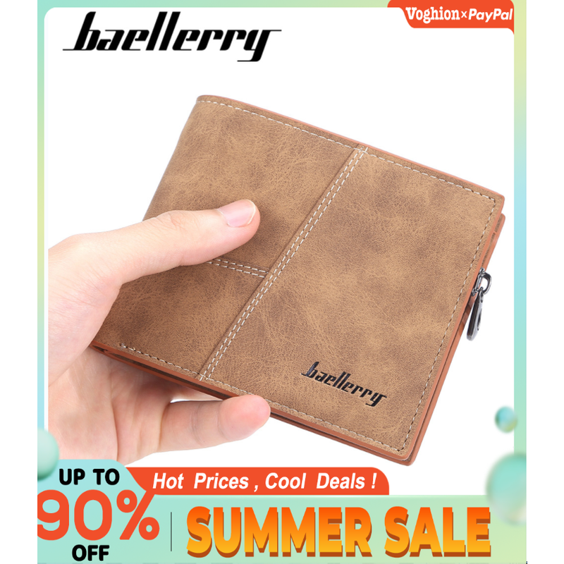Baellery Men's Wallet Matte Short Money Clip Multi-Card Coin Purse Fashion Zipper Vertical Wallet Clip