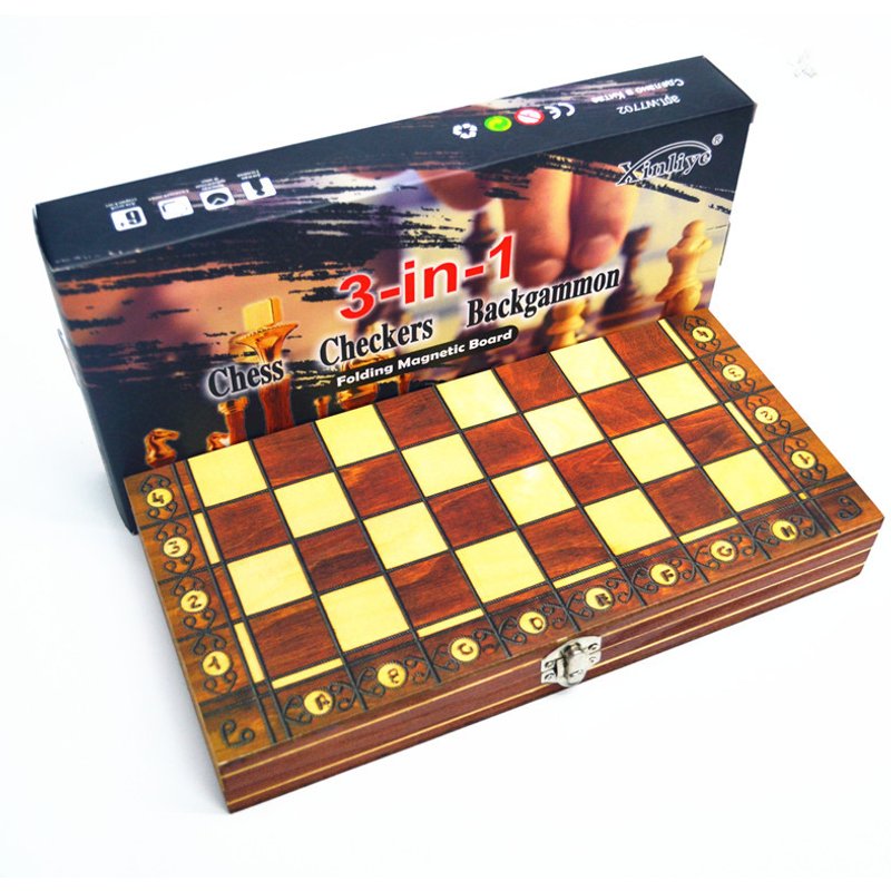 Wooden Magnetic Chess 3-in-1 Set Portable Foldable Puzzle Competition Board Game Toys