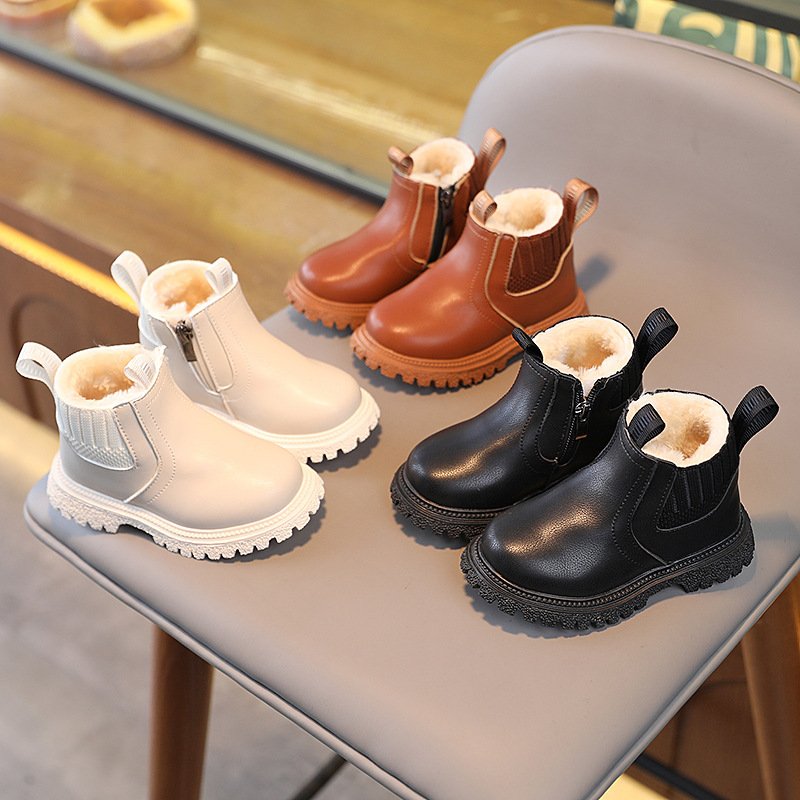 Winter Plus Velvet Children's Fashion British Short Boots Boys Side Zipper Fashion Martin Boots Girls Soft Sole Fashion Boots