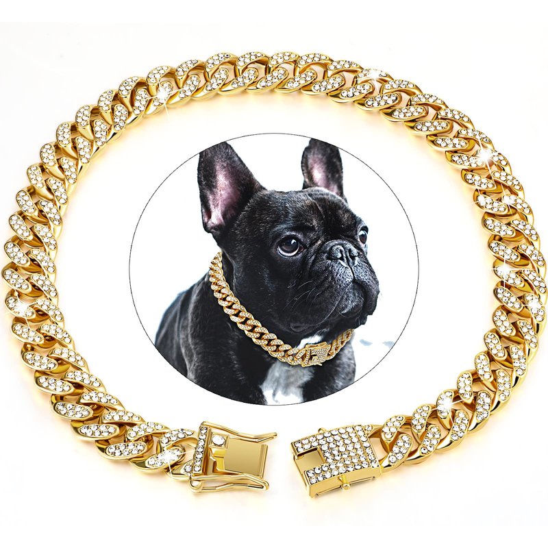 Pet Necklace Collar Metal Walking Chain Collar Diamond Dog Cuban Chain Exquisite And Fashionable Diamond Setting