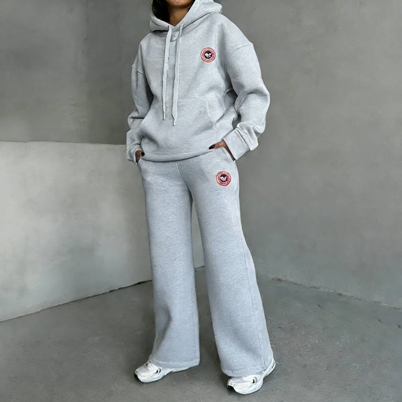 Women's Cream Oversized Tracksuit - Cozy Hoodie & Wide-Leg Pants Set With Logo Patch, Warm Fleece 2-Piece Loungewear For Casual Days