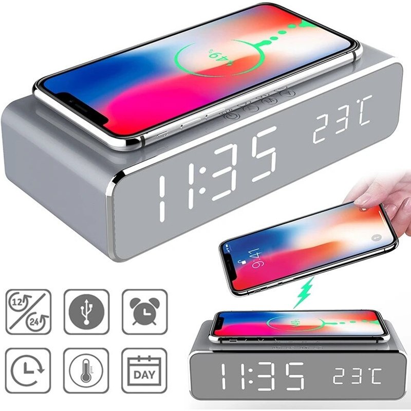 Wireless Charger Time Alarm Clock LED Digital Thermometer Earphone Phone Chargers Fast Charging Dock Station for iPhone Samsung