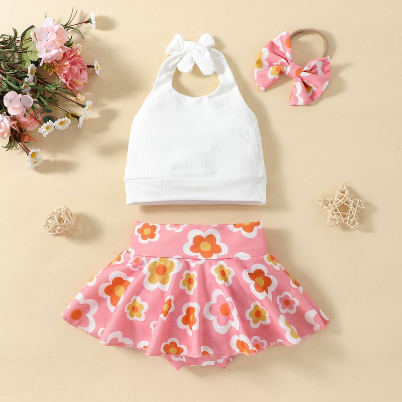 Baby Clothing Girls' solid color halter top + floral trouser skirt suit