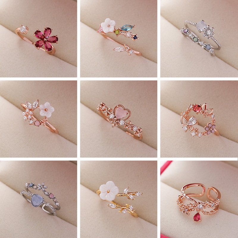Ring for women high-end feel, slightly inlaid with sweet and versatile love, opening ring, sparkling diamond flower