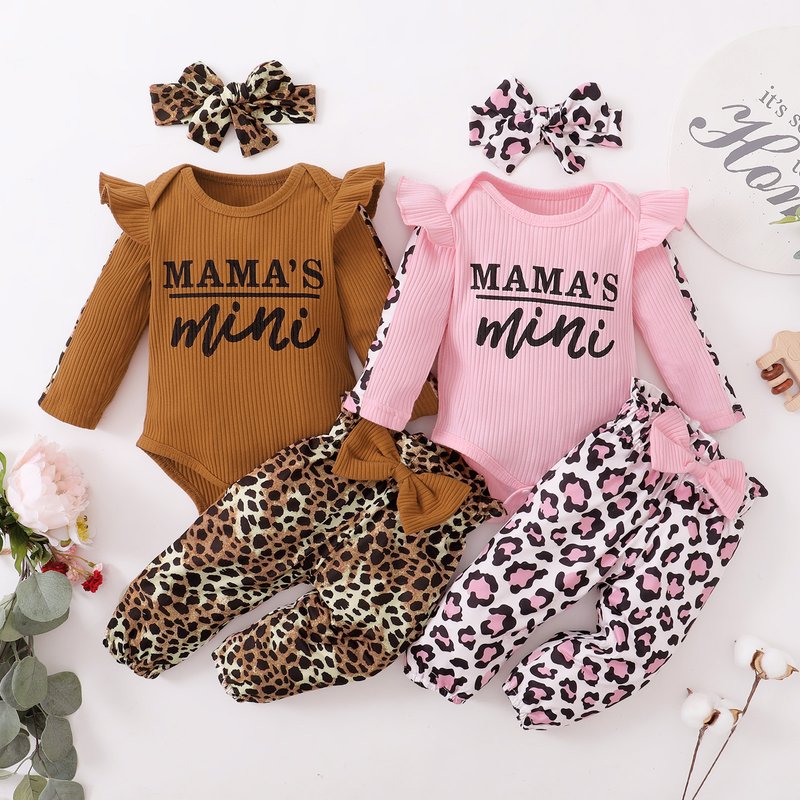 Kid's Clothing Baby Suits, Spring And Autumn Ribbed Long Sleeved Tight Romper With Leopard Print Pants