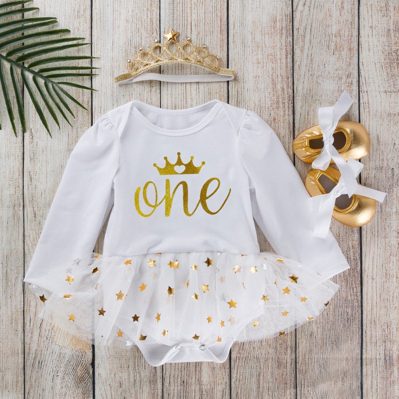 Baby clothes Long Sleeve Baby White Holiday Clothes Suit Letterone One One-piece Child Dress Newborn Birthday Outfit
