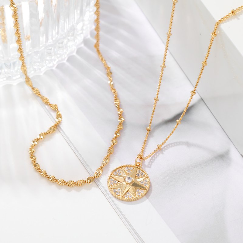 Double layer detachable eight pointed star necklace simple color preserving gold necklace set