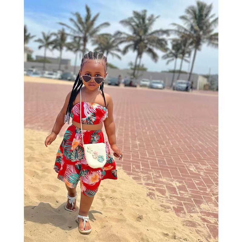 Mother&Kids Girls' casual printed one-line shoulder flanged A-line skirt set ins