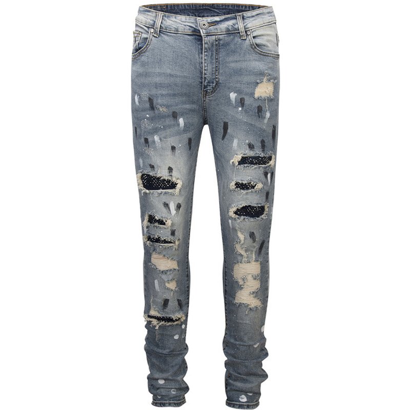 Men's Clothing High Street Diamond Splash Ink Wash Hole Patch Patchwork Hot Diamond Jeans Beggar Pants
