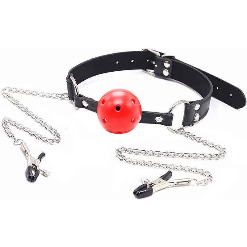 2023 Adult toys Sexy Toys PU Leather Mouth Gag Ball Oral With Chain Nipple Clip Fetish Bondage Clamps Erotic To